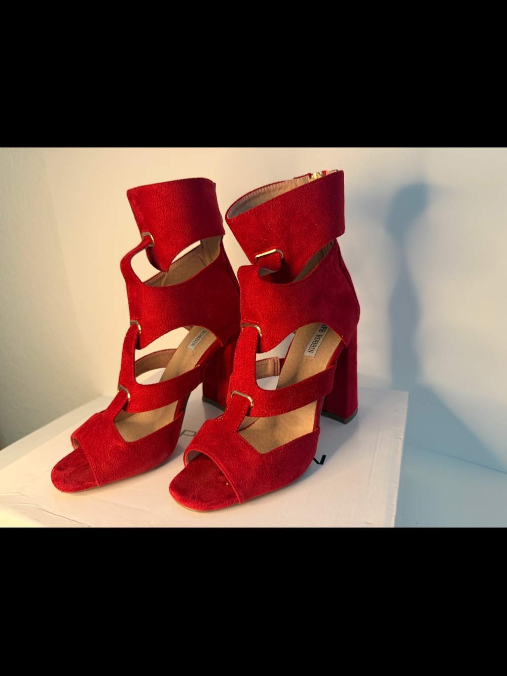 Red Suede Block Heel Sandals - Women's Fashion Heels
